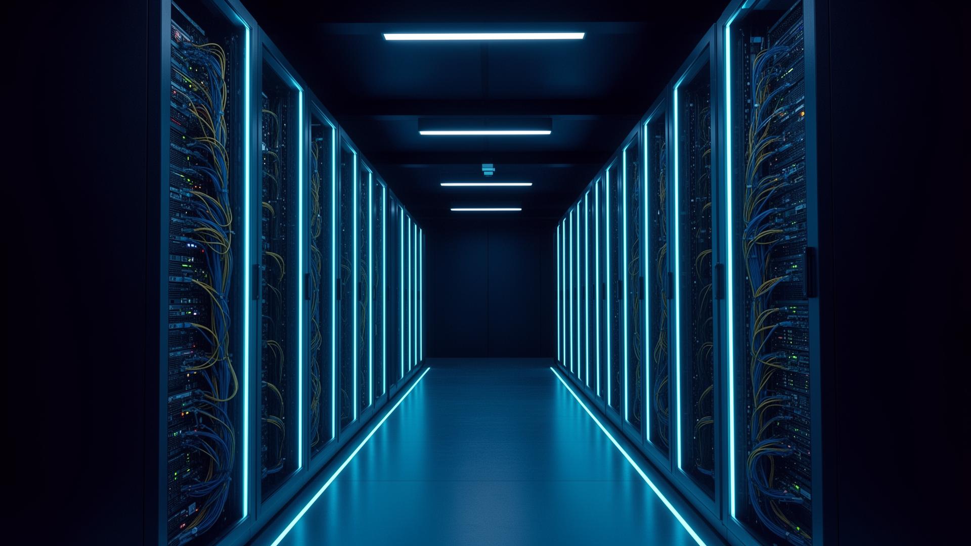 Premium data center corridor with illuminated server racks
